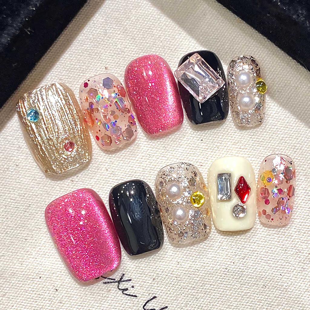 10Pcs Neon Cat Eye Fake Nails Retro Ultra Short Stiletto Shape Handmade False Nails for Women
