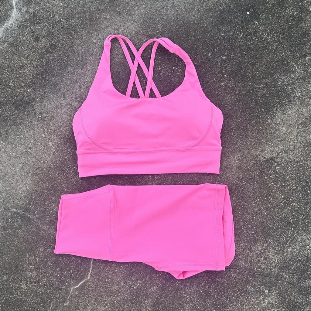 Lulu Women's Nude Yoga Short Set with Cross-Back Sports Bra