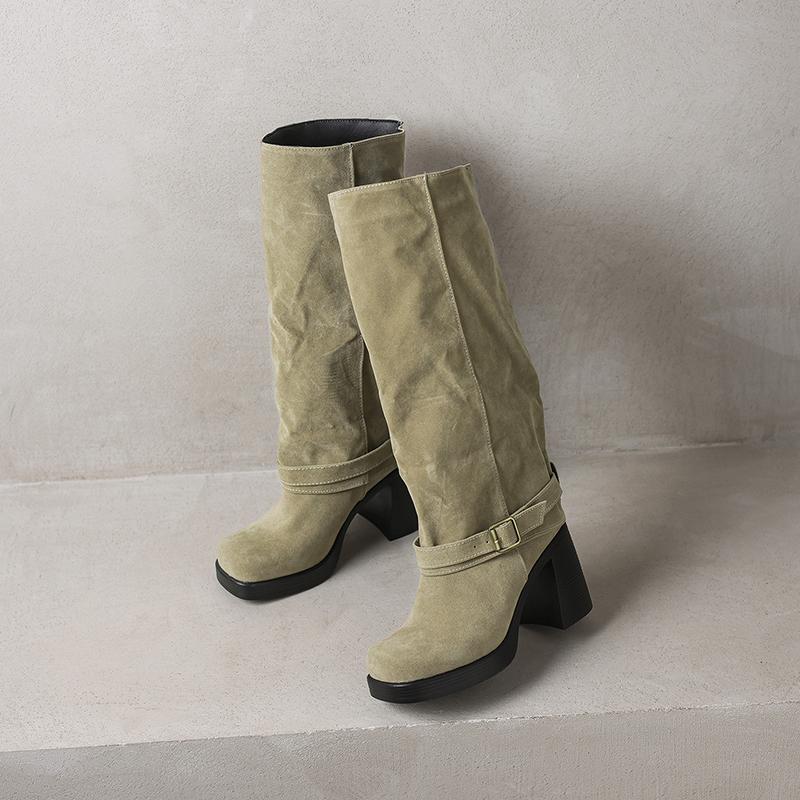 Women's High-heeled Boots Autumn and Winter New Sexy Temperament Thick Heel Square Head Large Size Medium Boots