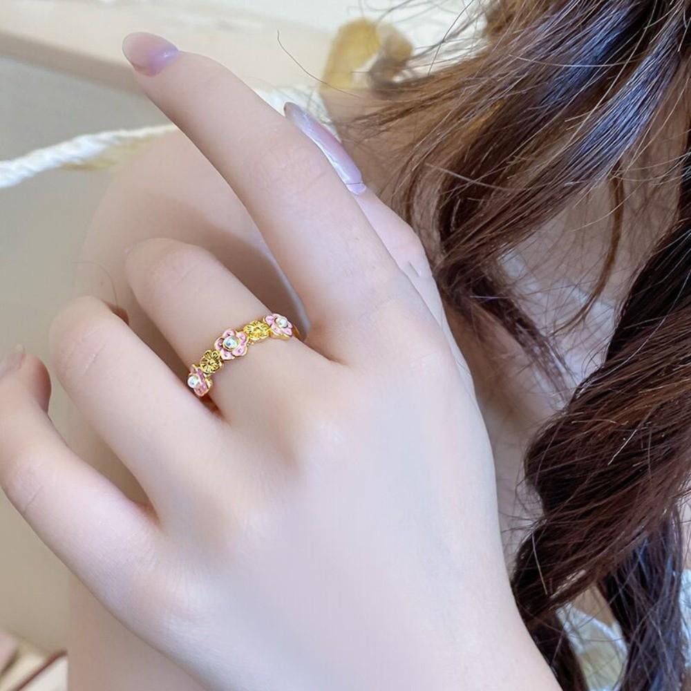7Pcs/Set Rhinestone Flower Ring Set Camellia Flower Irregular Rings Unique Enamel Finger Rings Gift