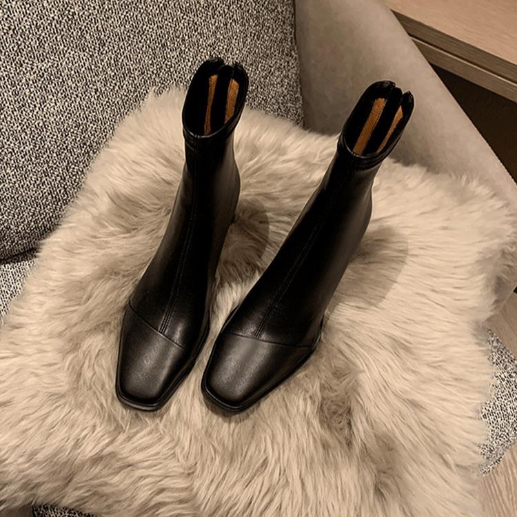 Square Head Splicing Thick Heel And Ankle Boots Temperament High Heel Elastic Short Boots Women'S Versatile Comfortable Soft Skin Thin Boots