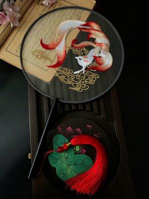 Chinese Traditional Art Embroidery Wooden Hand Fan, Classical, Ancient Dance Costume, Han Fu Cheongsam with Long Handle, Tasse