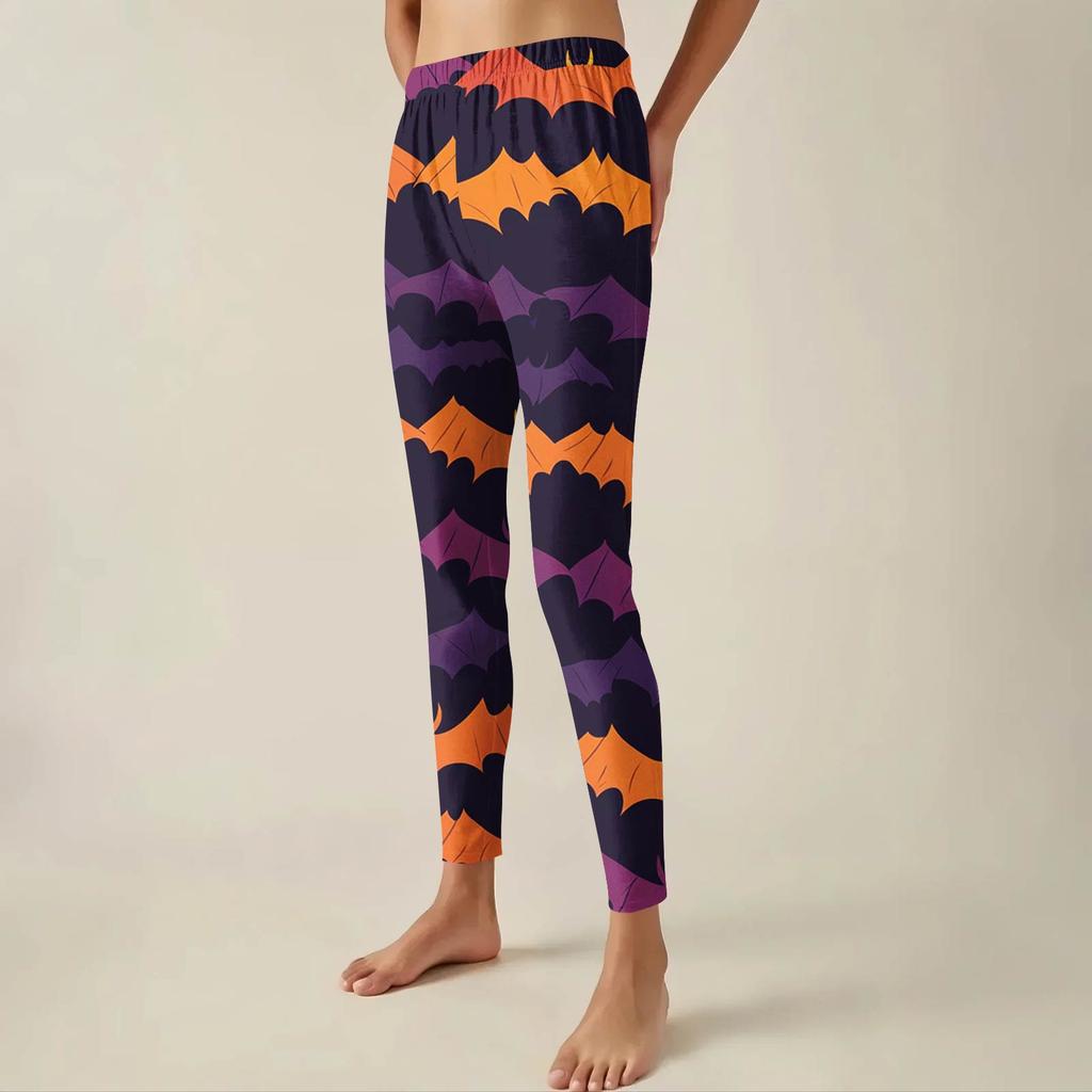 Damesbukser Halloween-trykte stretchy myke underdeler avslappede hjemmesovebukser