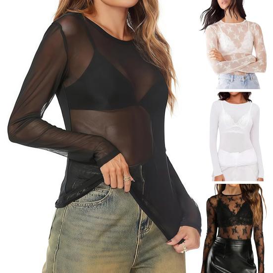 Sexy Oberteile Rundhalsausschnitt Langarm Durchsichtig Stickerei Spitze Blumenmuster Pullover Oberteile Vielseitiges Spitzen-Mesh-Layering-Shirt