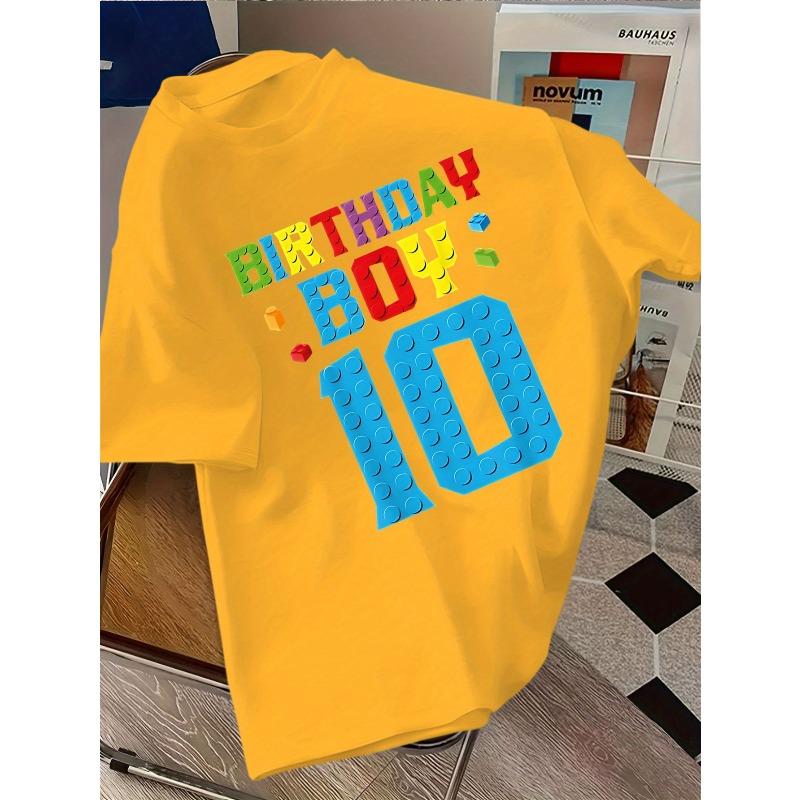 European Sizes Boys' 10th Birthday T-Shirt Sleeve Round Neck Casual Party Outfit with -Inspired Number 10 Bricks Design, Summer Birthday Party Shirt