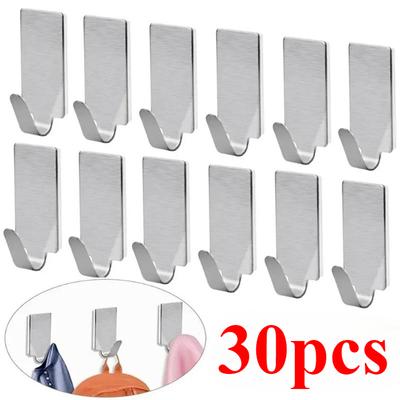 30Pcs Self Adhesive Stainless Steel Hook Small Heavy Wall Hanger Hook Bathroom Organizer Towel Rack Multi-purpose Kitchen Hook