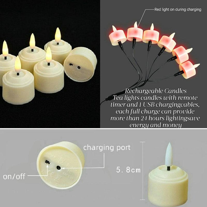 6 In1 USB Rechargeable Tealight Remote Control w/Timer Led Flameless Candles 3D Wick Flickering Halloween Wedding Votive Candle