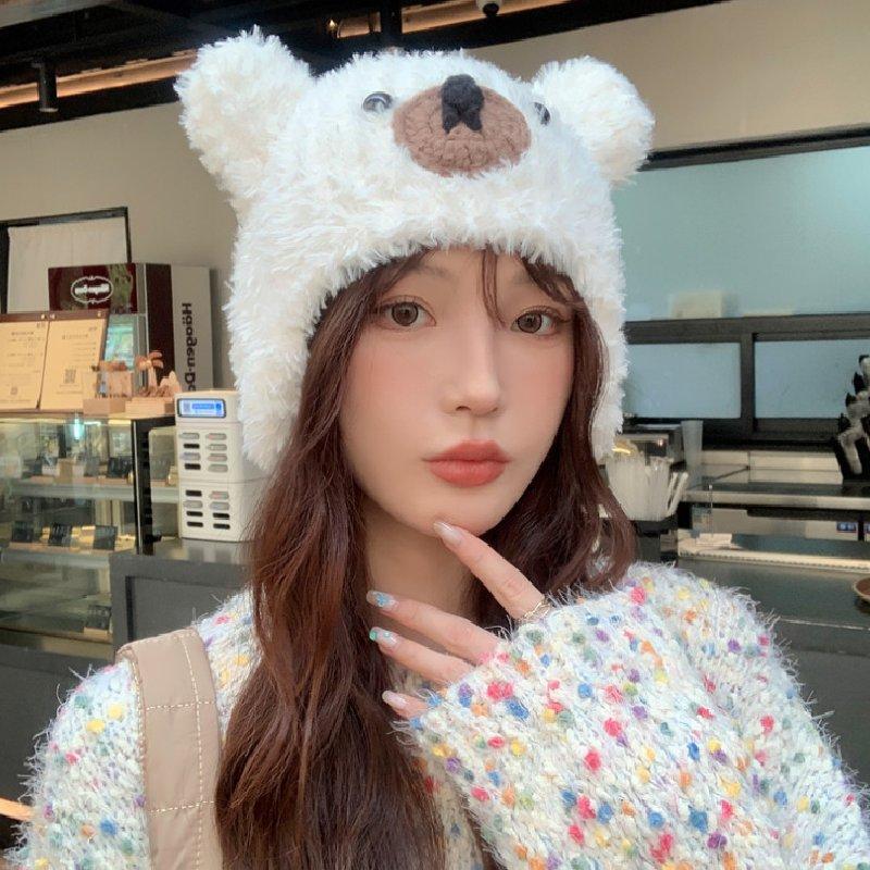 Women Plush Winter Bear Hat Keep Warm Ear Protector Solid Color Caps Travel