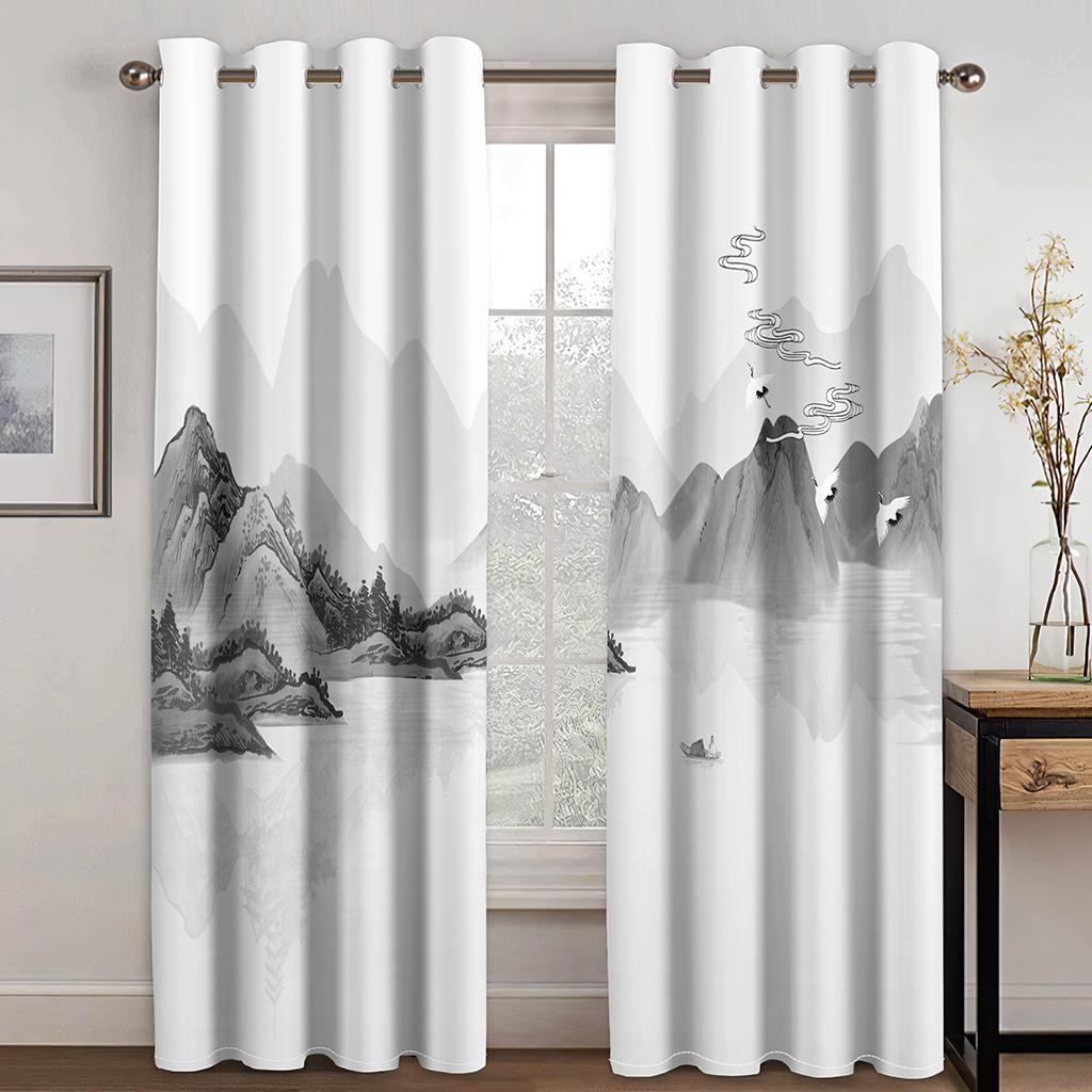 3D Ink Mountain View Curtains Art Style Bedroom Balcony Window Decorative Curtains 2 Panels