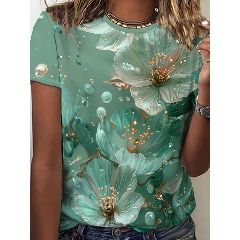 Summer Round Neck 3D Floral Pattern Print Top Fashionable Casual Short Sleeved Women's T-shirts