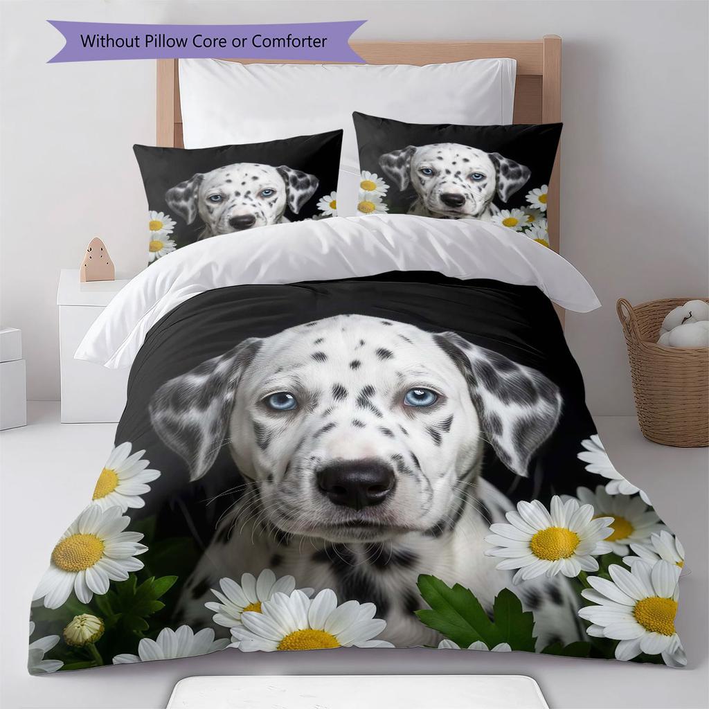 Flowers and dogs Pattern Bedding Quilt Set Quilt Cover Pillowcase Home Decoration Birthday Gift (1 * duvet cover + 2 * pillowcase, without core)