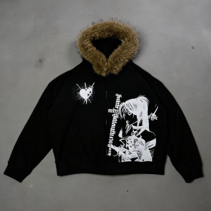 Europäische und amerikanische Streetwear Persönlichkeit Hip-Hop Charakter Buchstabenprint Kapuzenpullover mit Reißverschluss
