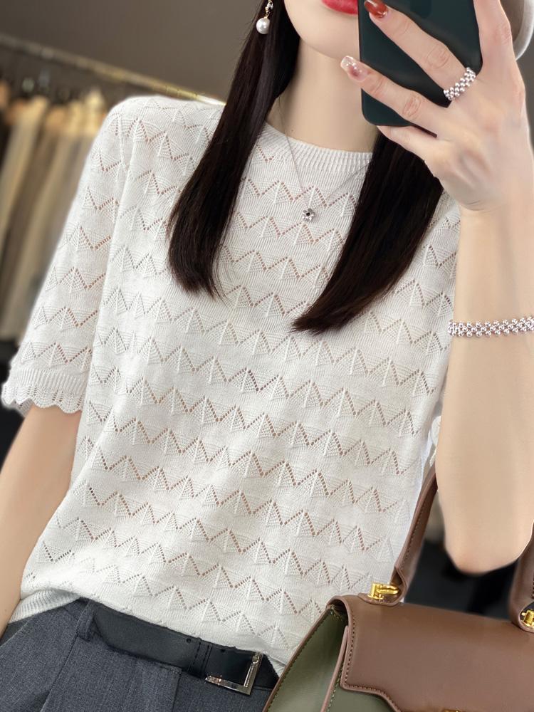 

Женский свитер с короткими рукавами Qinghe кашемир 50% шерсть 50% шелк тутовый летняя футболка универсальный однотонный цвет XXL белый