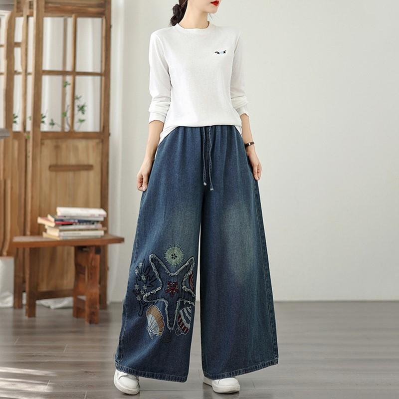 Plus Size Vintage Embroidery High Waist Casual Loose Women Spring Summer Autumn Jeans Denim Wide Leg Pants
