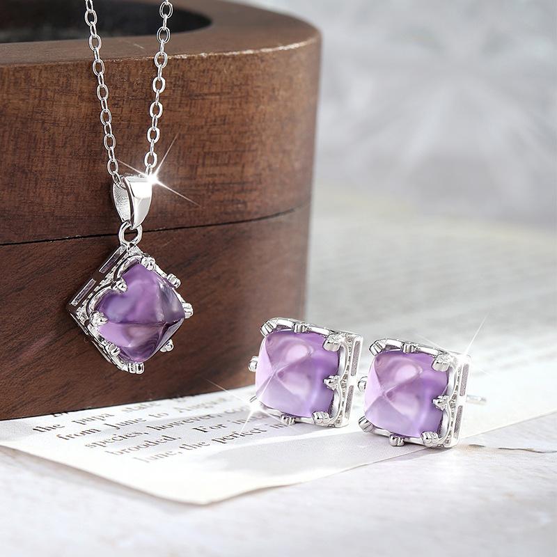 S925 Sterling Silver Natural Amethyst Sugar Tower Square Necklace Women's Simple Versatile Collarbone Chain Clear Sense Jewelry Set