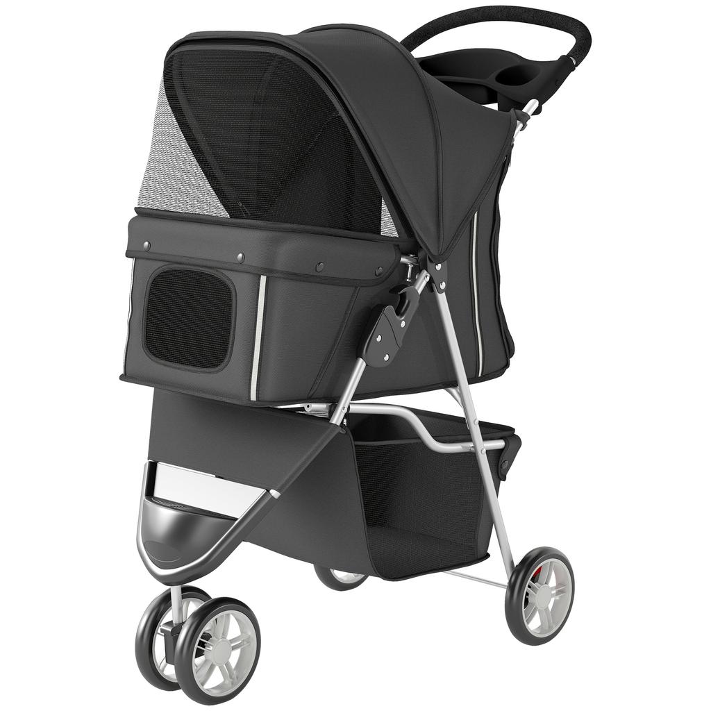 Dog Stroller, 3 Wheels Foldable Pet Stroller with Adjustable Canopy, Storage Basket for Small Mini Breeds, Dark Grey