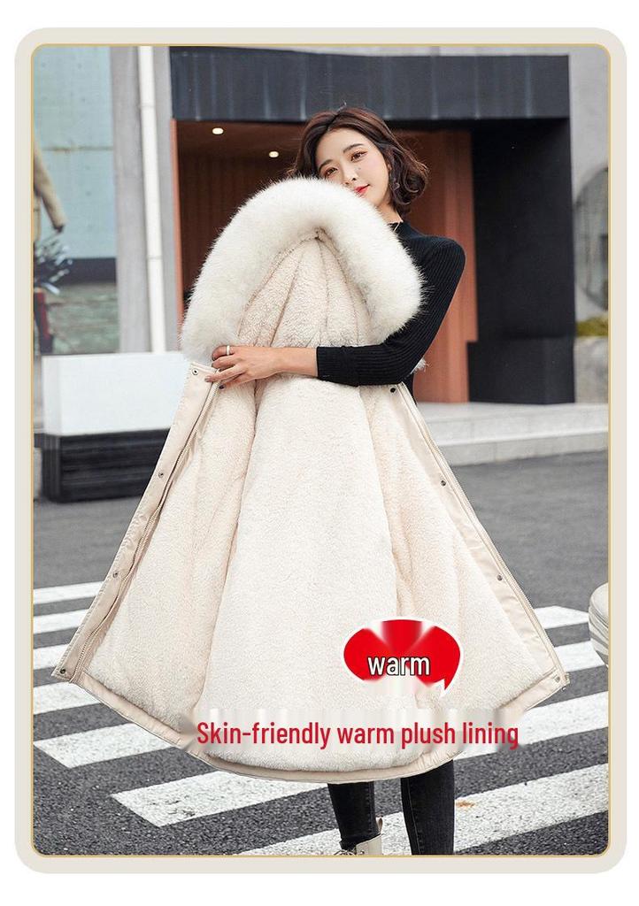 Women's Korean Style Oversized Hooded Parka with Fur Collar – Velvet Thickened for Autumn and Winter.