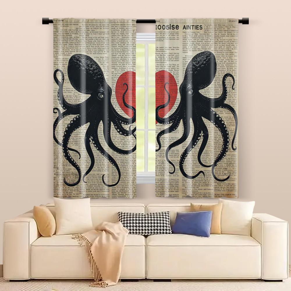 2 Pcs, Filtering Curtains (excluding Rods, Non-movable, Without Batteries) Charming Octopus Couple with Red