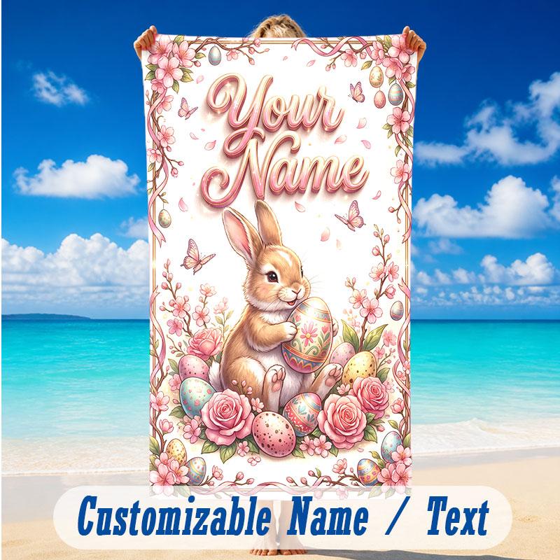 Easter Bunny Theme Beach Towel Personalized Custom Name & Text Soft Quick Dry Beach Towel for Swimming Travel