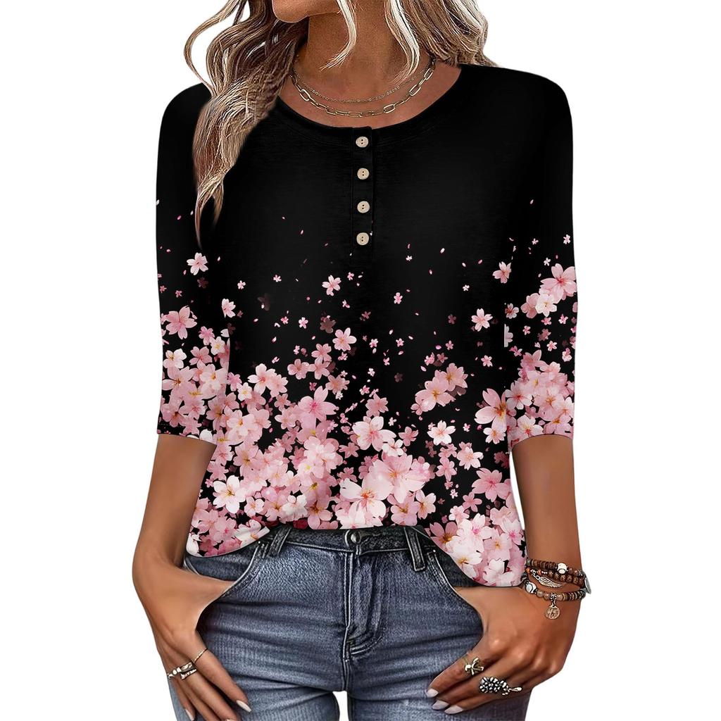 Camicie a 3/4 da Donna Camicia con Bottoni Top da Donna Mezza Abbottonatura Stampa Grafica Blusa