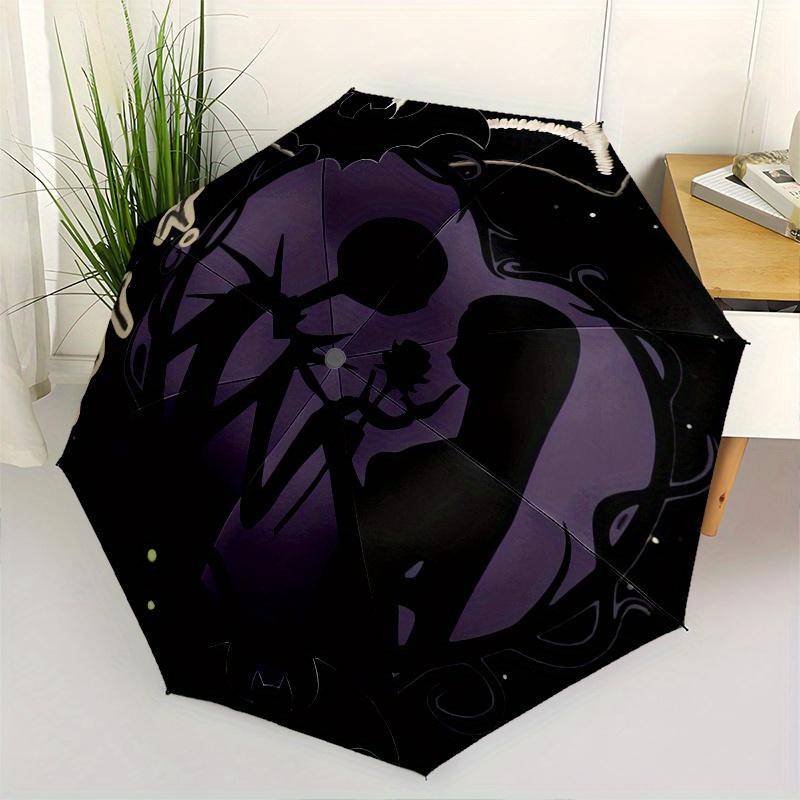Jack and Sally Themed Automatic Opening and Closing Folding Umbrella, Reinforced 8 Ribs, Compact Travel Design, Fashionable Folding Umbrella