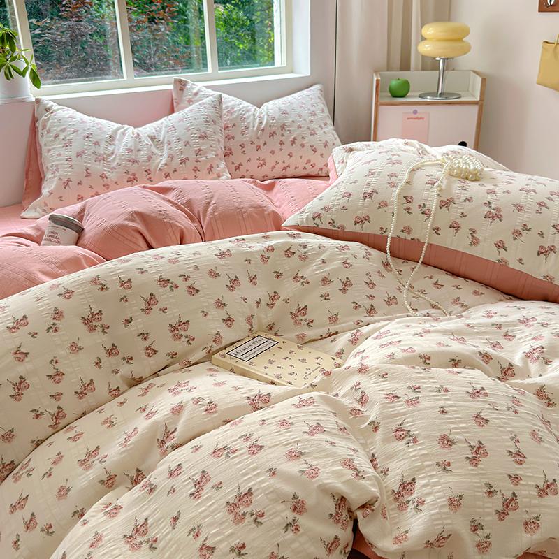 Floral Print French Style Bedding Set Bubble Cotton Duvet Cover Set Washed Cotton Flat Sheet Set Queen For Girl Decor Home