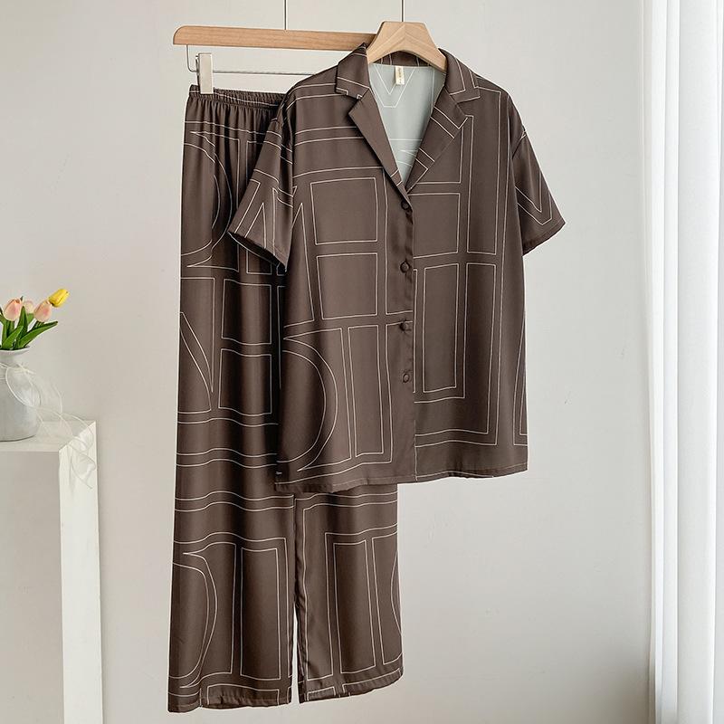 11 Summer ice silk thin pajamas women's short-sleeved trousers cardigan large size light luxury high-end sense can be worn outside loungewear cover