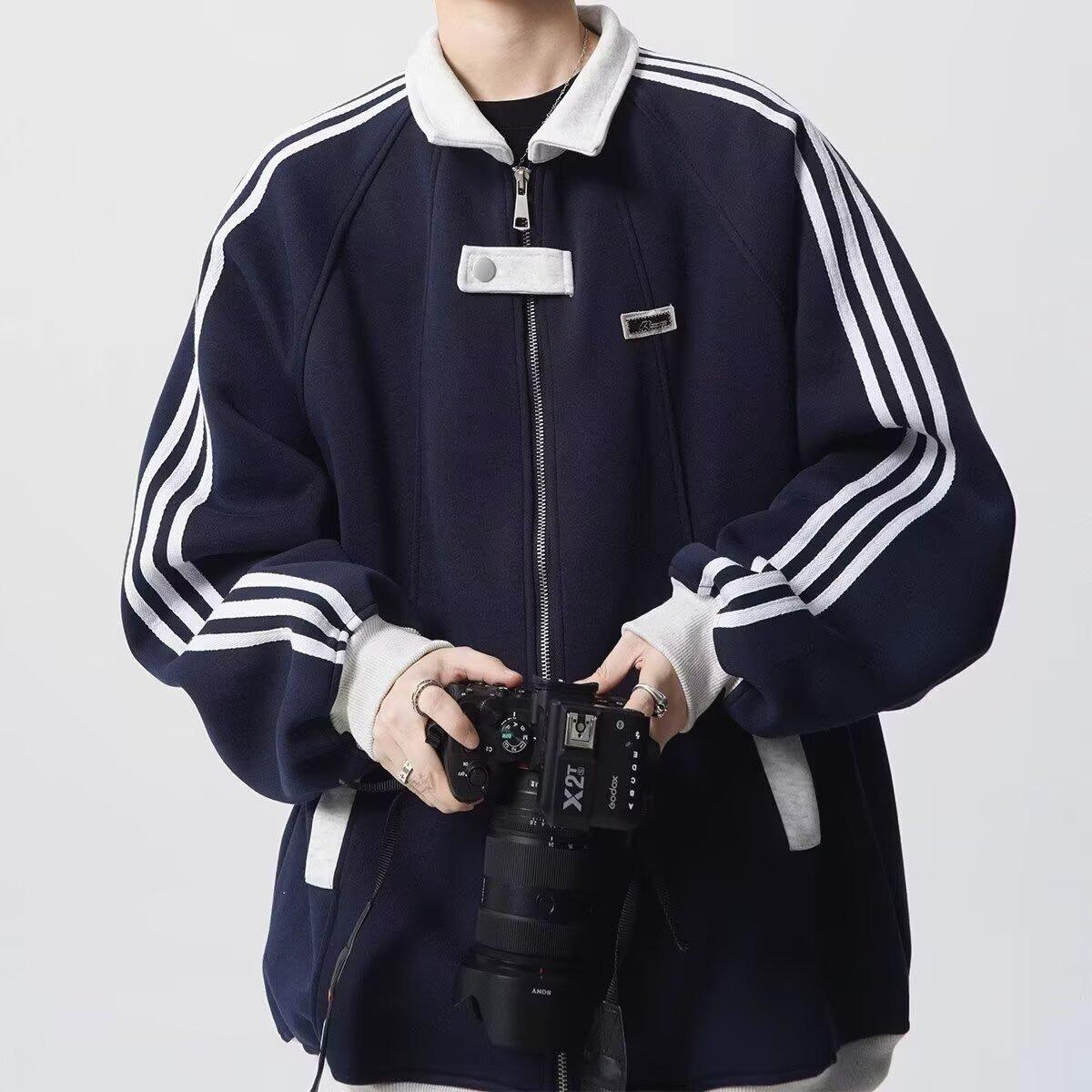 

Мужская осенняя лоскутная спортивная куртка - Универсальная уличная панк-полосатая бейсбольная верхняя одежда L темно-синий