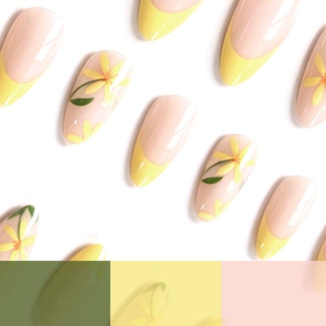 24 Nail Art Summer Fresh Lemon French Small Yellow Flower Short Almond Nail Wear Nail