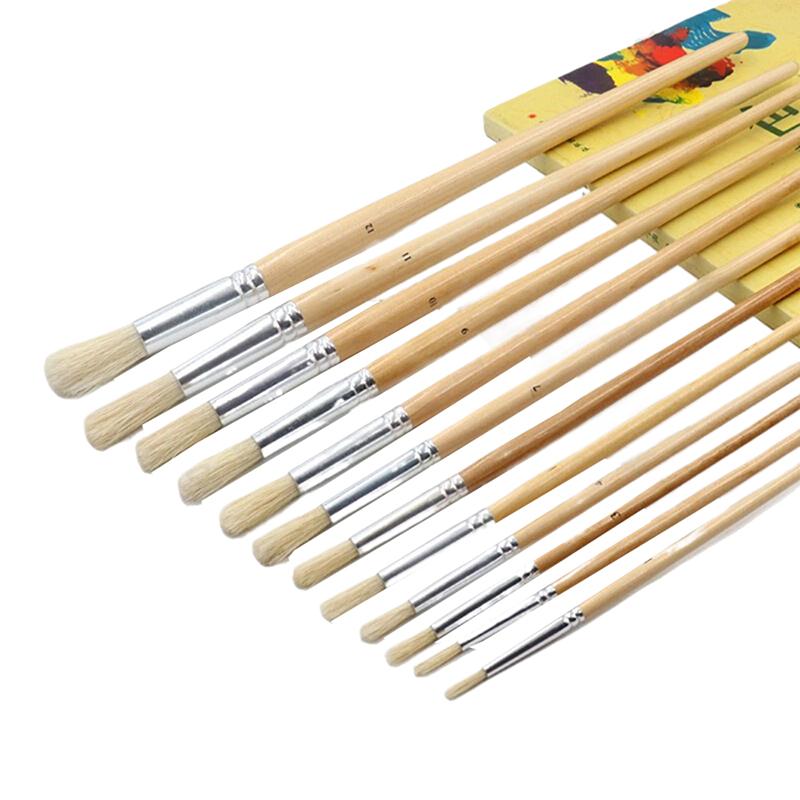12Pcs Oil Brushes Round Head Pig Bristle Hair Acrylic Art Brushes Long Wood Rod Painting Brush Artist Supply