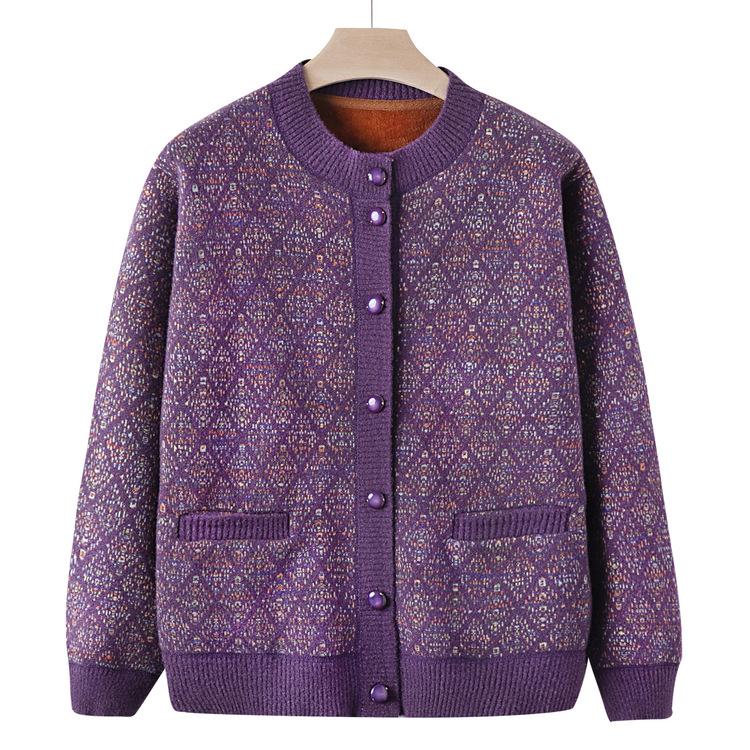 Middle-aged and Elderly People Autumn Clothes Plus Velvet Sweater Sweater Female Mother Autumn and Winter Cardigan Jacket Old Lady Grandma Clothes