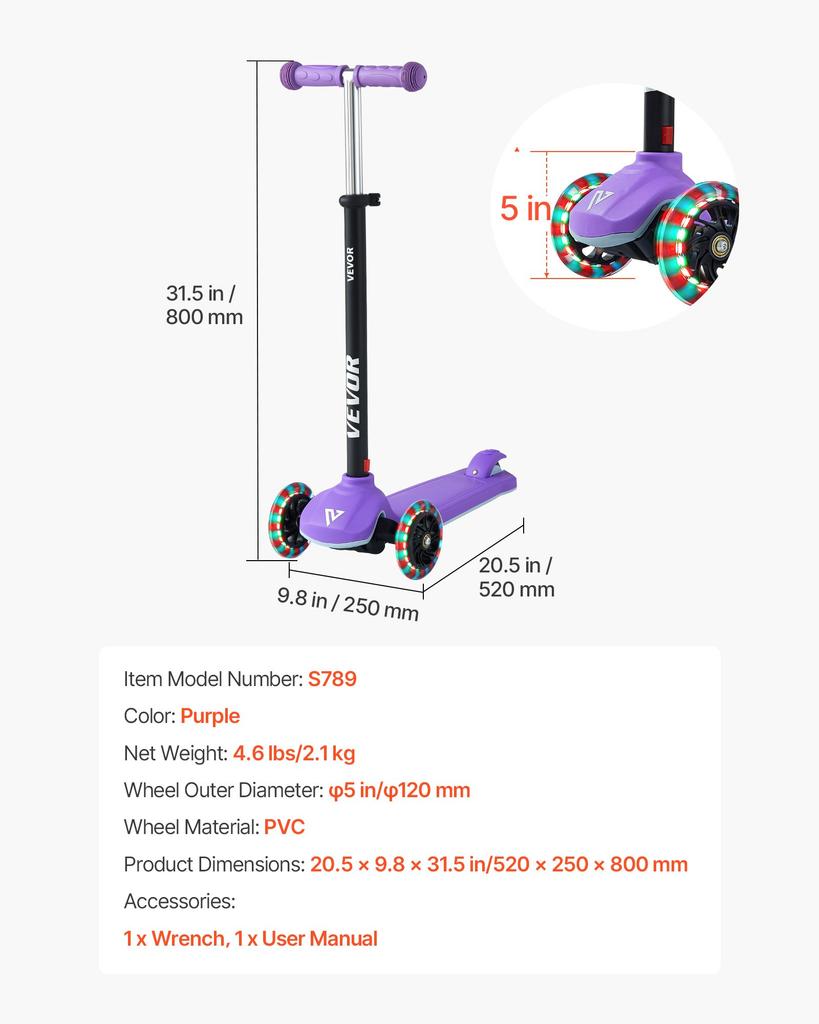VEVOR Kick Scooter for Kids Ages 3+, 3-Wheel Toddler Scooter with Light-Up Wheels, Adjustable Height Handlebar, Wide Anti-Slip Deck