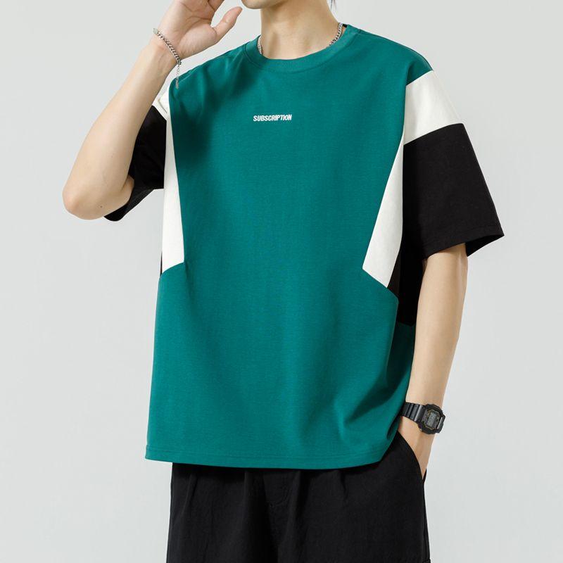 

Базовые пуловеры контрастных цветов, летняя повседневная мужская одежда с принтом букв, стильные лоскутные футболки с коротким рукавом в американском стиле 4XL зелёный
