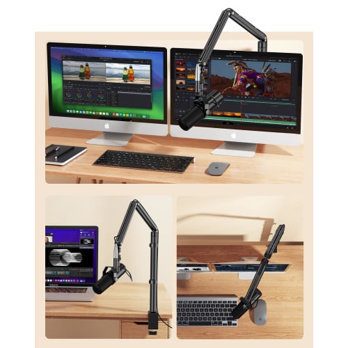 KUUVAN Microphone Stand/Boom Arm, 1.8kg Weight Capacity, Aluminum, for Condenser Microphones, Adjustable Angle, Foldable, Cable Management, Includes M