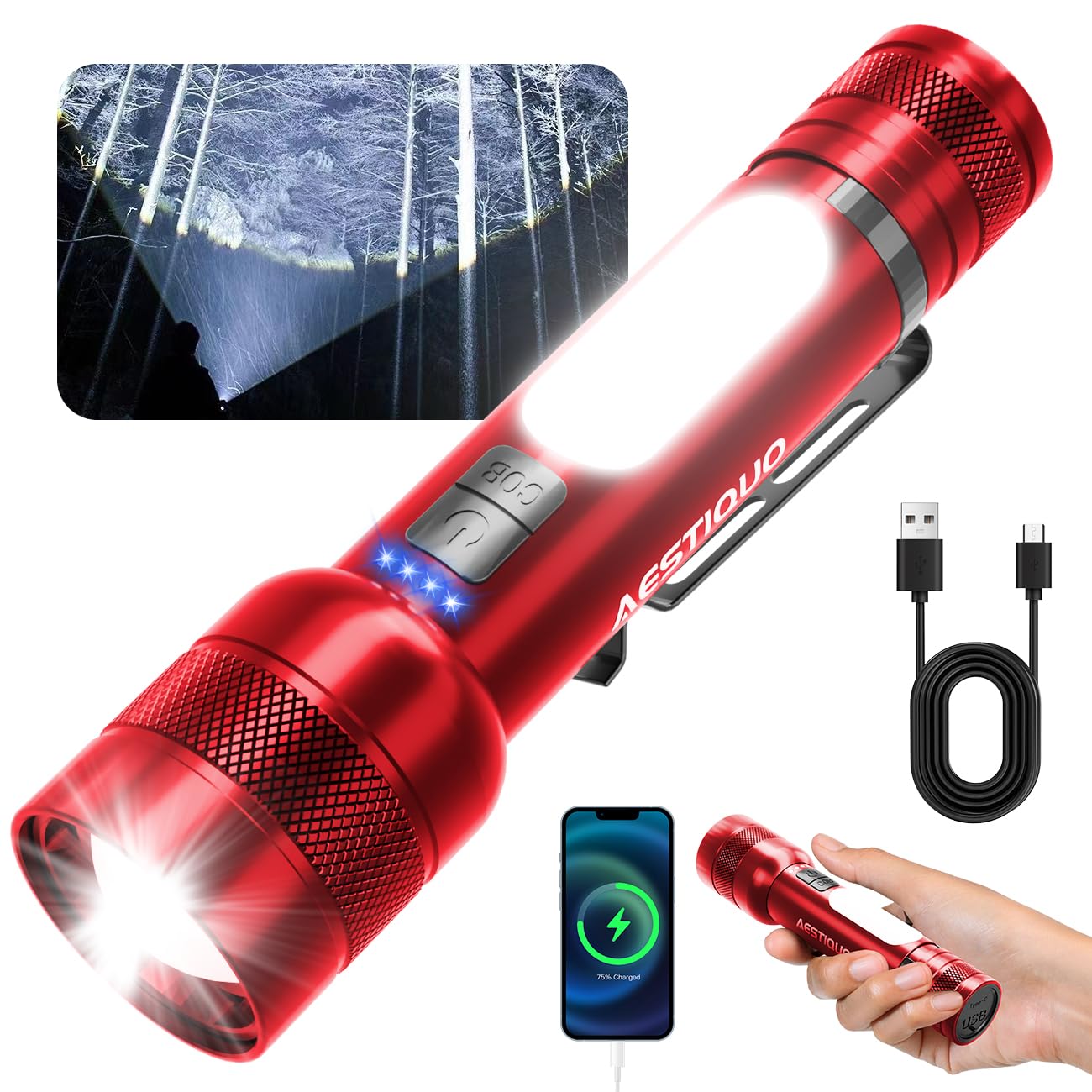 

AESTIQUO Compact COB Work Light with 9 Dimming USB IP56 Waterproof and Large Super Bright LED Aluminum 2M New Remaining Battery Level Ideal for Night