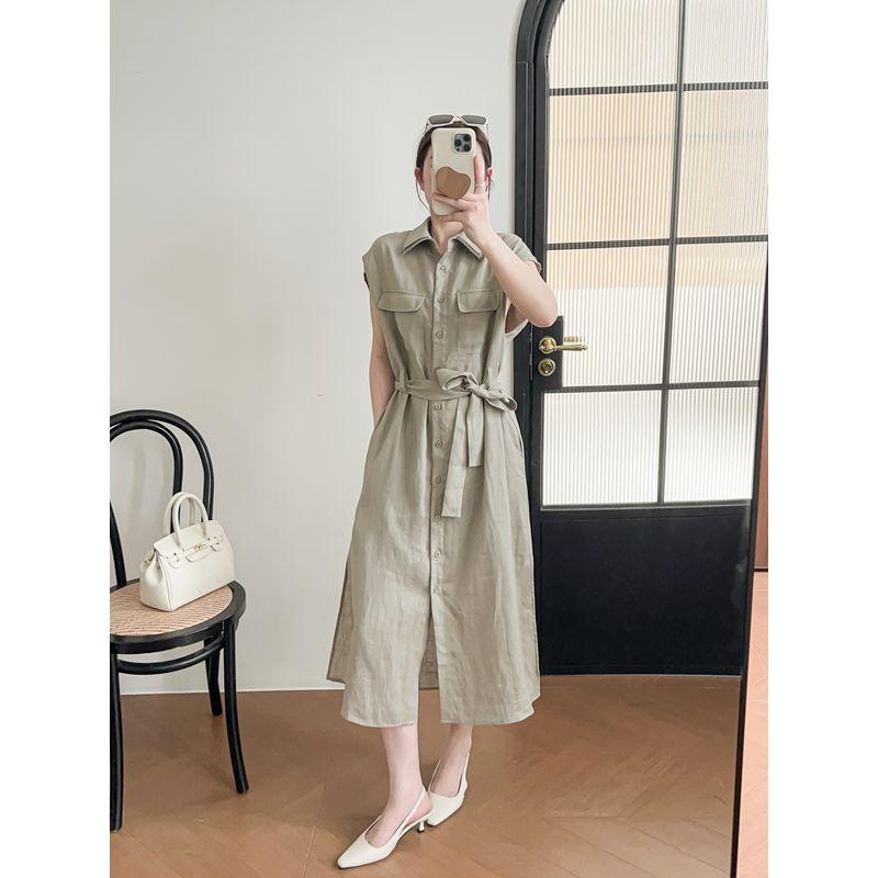 

The Same Source of Cabinet Goods! 25 Summer New Arrival High Quality Minimalist Elegant Linen Waist-Controlled Lace-up Beaded Collar Shirt Dress Flaxen M