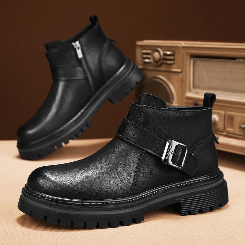 Brand British Leather Non-slip Motorcycle Boots for Men Fashion Casual Platform Shoes Man Designer Soft-soled Man Ankle Boots