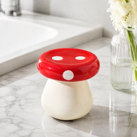 Decorative Dental Floss Dispenser Ceramic Mushroom Toothpick Holder, Cotton Swabs Container, Swab Container Storage Box for Home and Kitchen