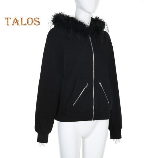 Casaco de inverno feminino com capuz de pelúcia, estilo high street, cardigan com zíper, capuz com bolsos com zíper, cor sólida, quente, solto, agasalho