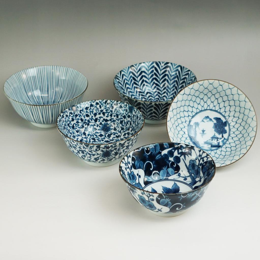 Multi-Purpose Bowl, Indigo, Varied Designs, Gift Box Included, Made In Japan, Diameter 15.5 Cm, Set of 5