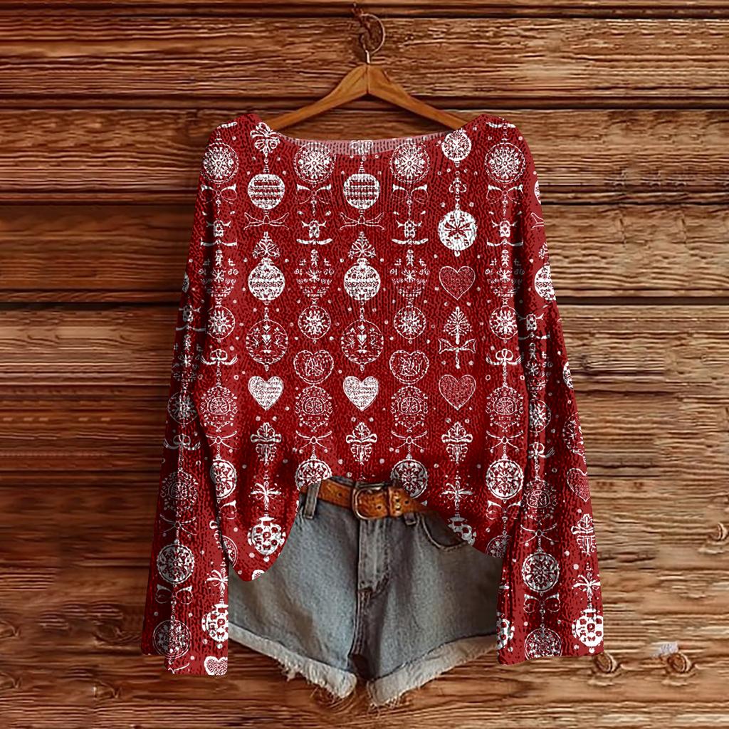 Women's Christmas Print Lightweight Sweater Casual Long Sleeve Knitted Pullover