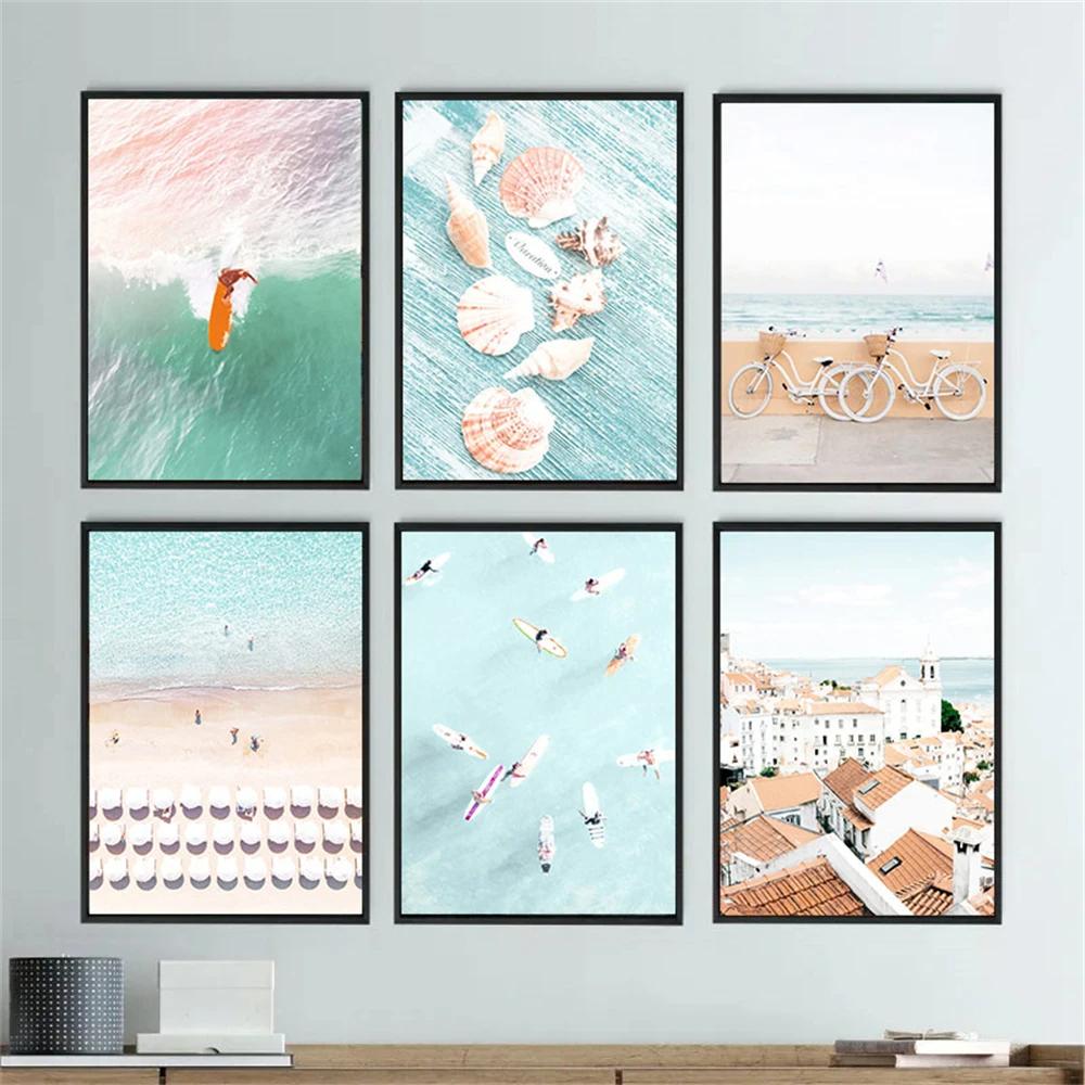 Seascape Canvas Poster Surfing Wall Art Summer Beach Sea Print Shell Posters Painting Nordic Wall Pictures Living Room Decor