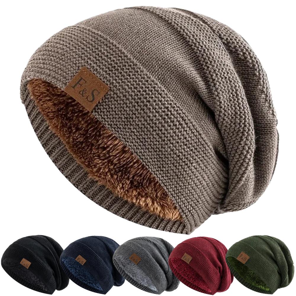 Unisex Classic Slouchy Winter Hats Plush Fur Lined Warm Beanie Cap Men Women Casual FS Label Decor Winter Knitted Hats