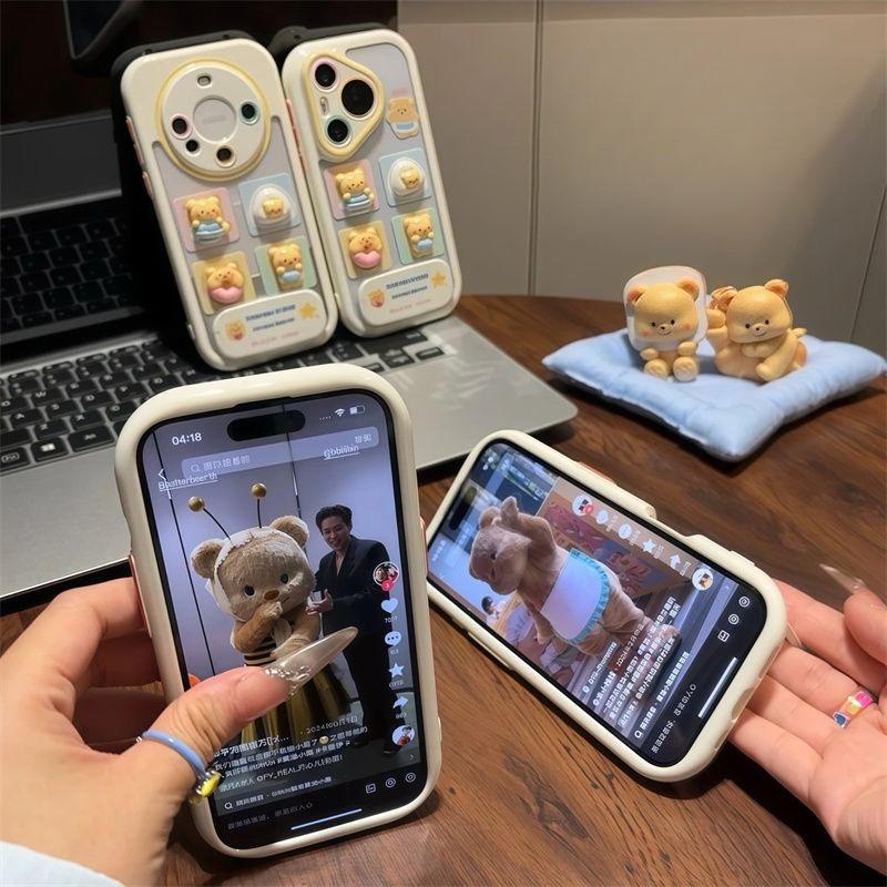 Suitable for IPhone 16 Cute Phone Case Butter Bear Apple 15 Promax Protective Cover 14 Mirror Bracket 13