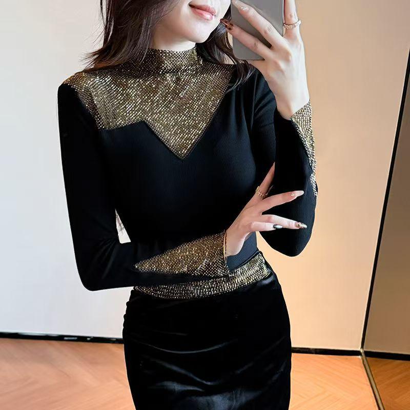 Autumn/Winter Rhinestone Long-Sleeve Top: Age-Reducing, Warm, Half-High Collar Fleece Base Layer Shirt