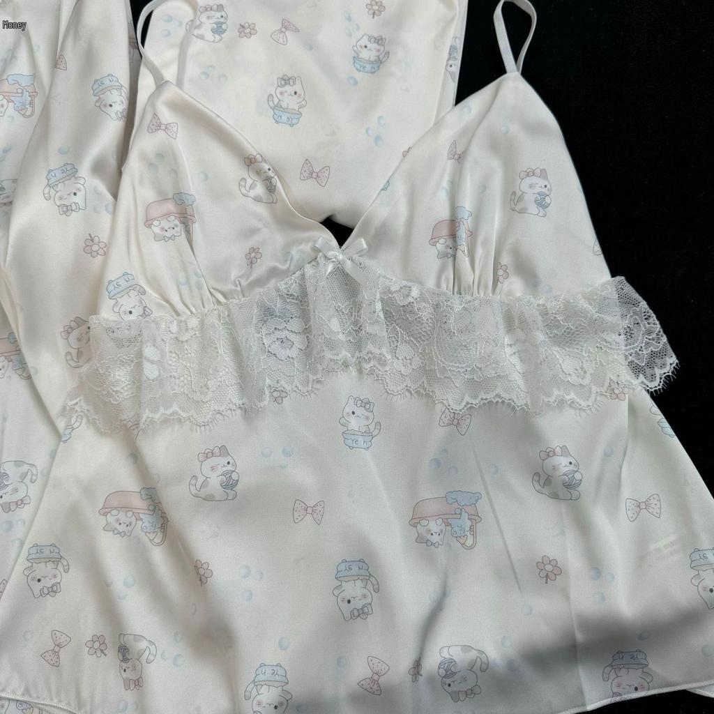 2026 Women's Ice Silk Floral Pajama Set: Long Sleeve Top, Long Pants, Lace Camisole with Bra Pads