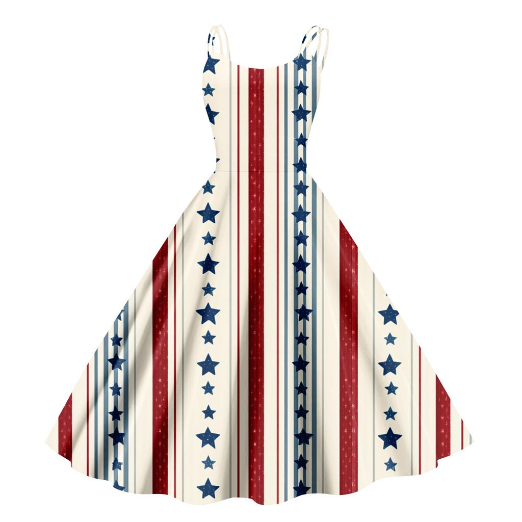 Women’s Sleeveless Spaghetti Strap A Line Dress with Abstract Star Stripe Print Vintage Inspired Design