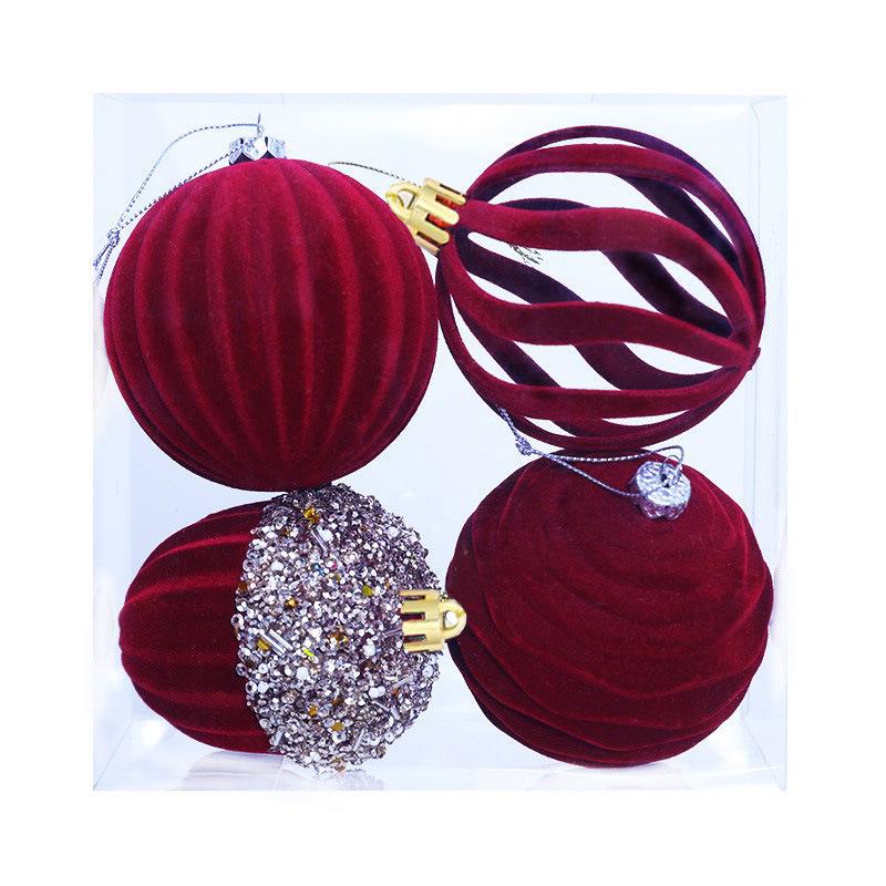 

Винно-красный бархатный флокированный рождественский шар - плюшевое подвесное украшение для рождественской елки 2025 8cm - Set of 4 вино красного