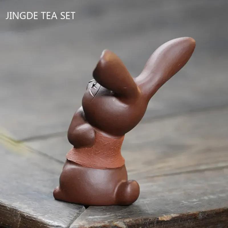 Yixing Purple Clay Tea Pet Rabbit Ornaments Handmade Mud Painted Animal Sculpture Tea Set Decoration Desktop Decore Crafts