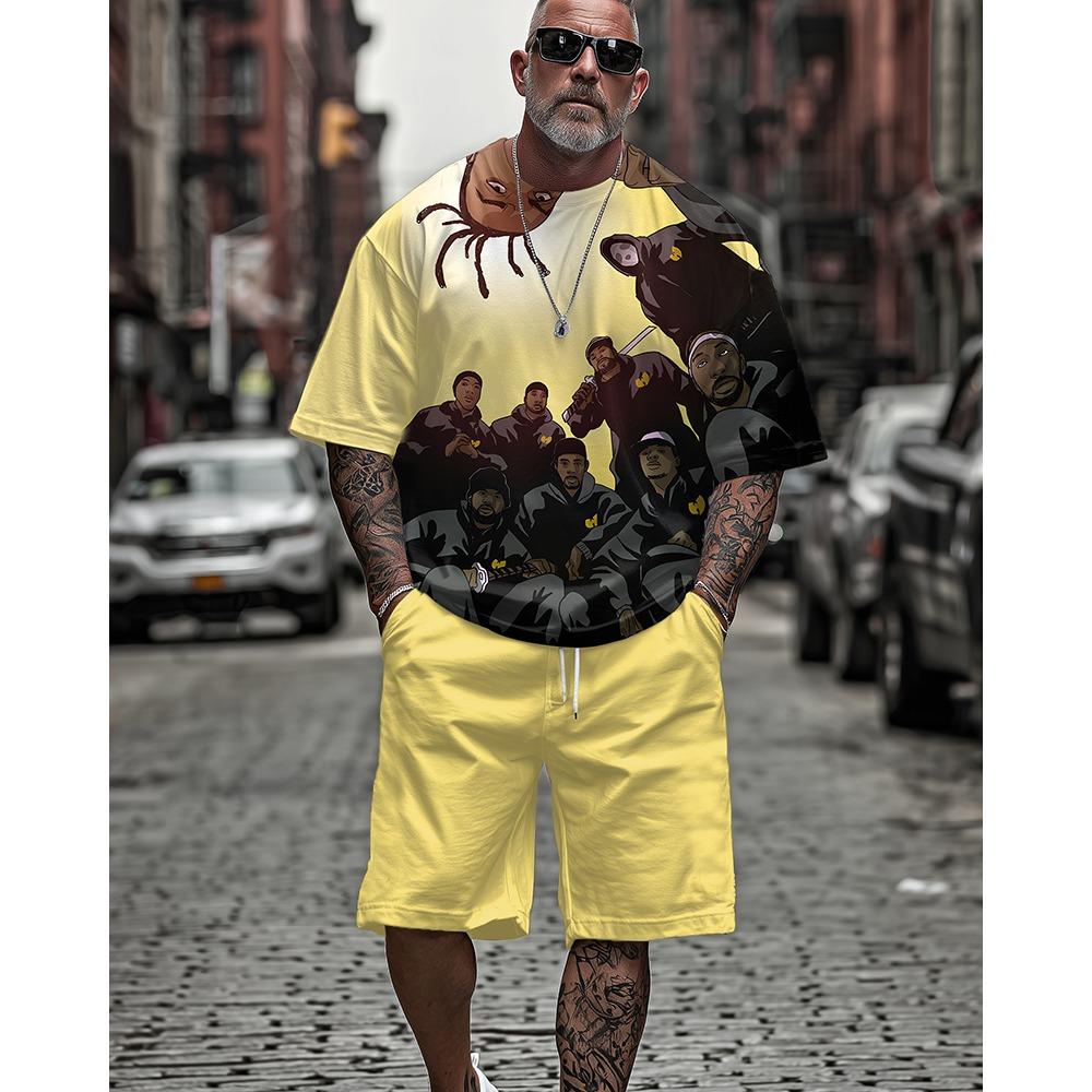 

Men s Plus Size Summer Casual Outfit - All Over Print Hip-Hop Legends Short Sleeve T-Shirt and Shorts Two-Piece Set 6XL